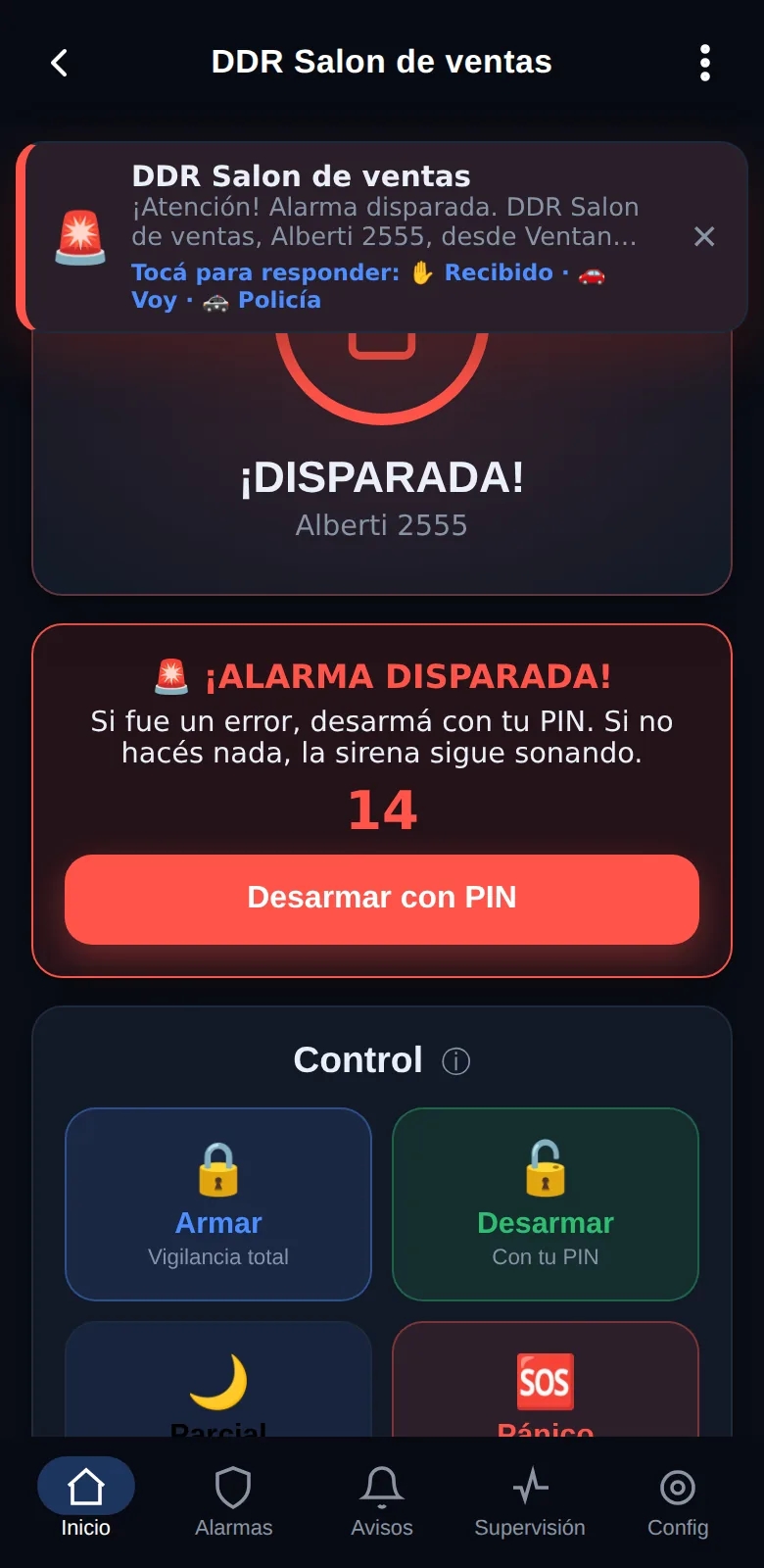 Alarma disparada desde la ventana del fondo, con cuenta regresiva para desarmar