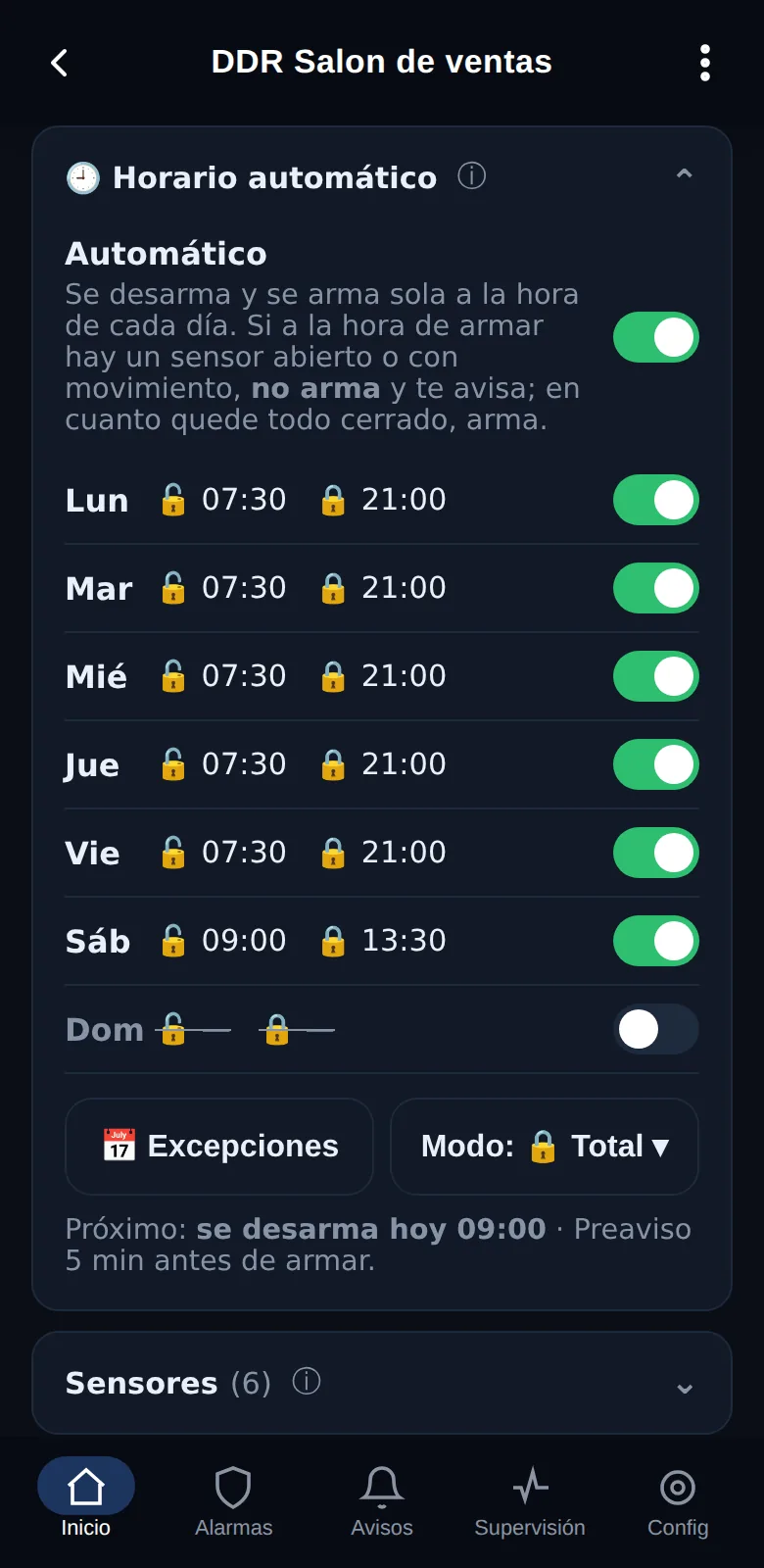Horario automático: la alarma se arma sola a las 21:00