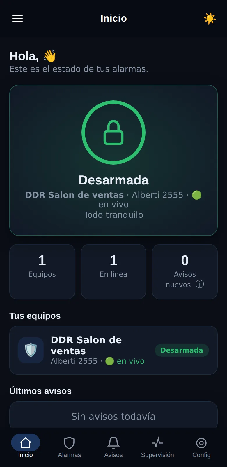 Pantalla de inicio de la app DDR Alarma