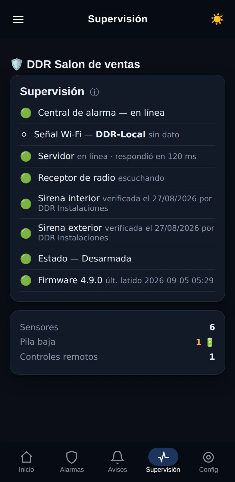 Supervisión: sensores, señal WiFi, sirenas verificadas y firmware